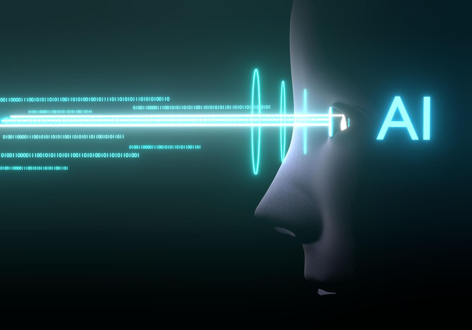 Artificial intelligence in humanoid head with  AI  digital brain is learning processing chip